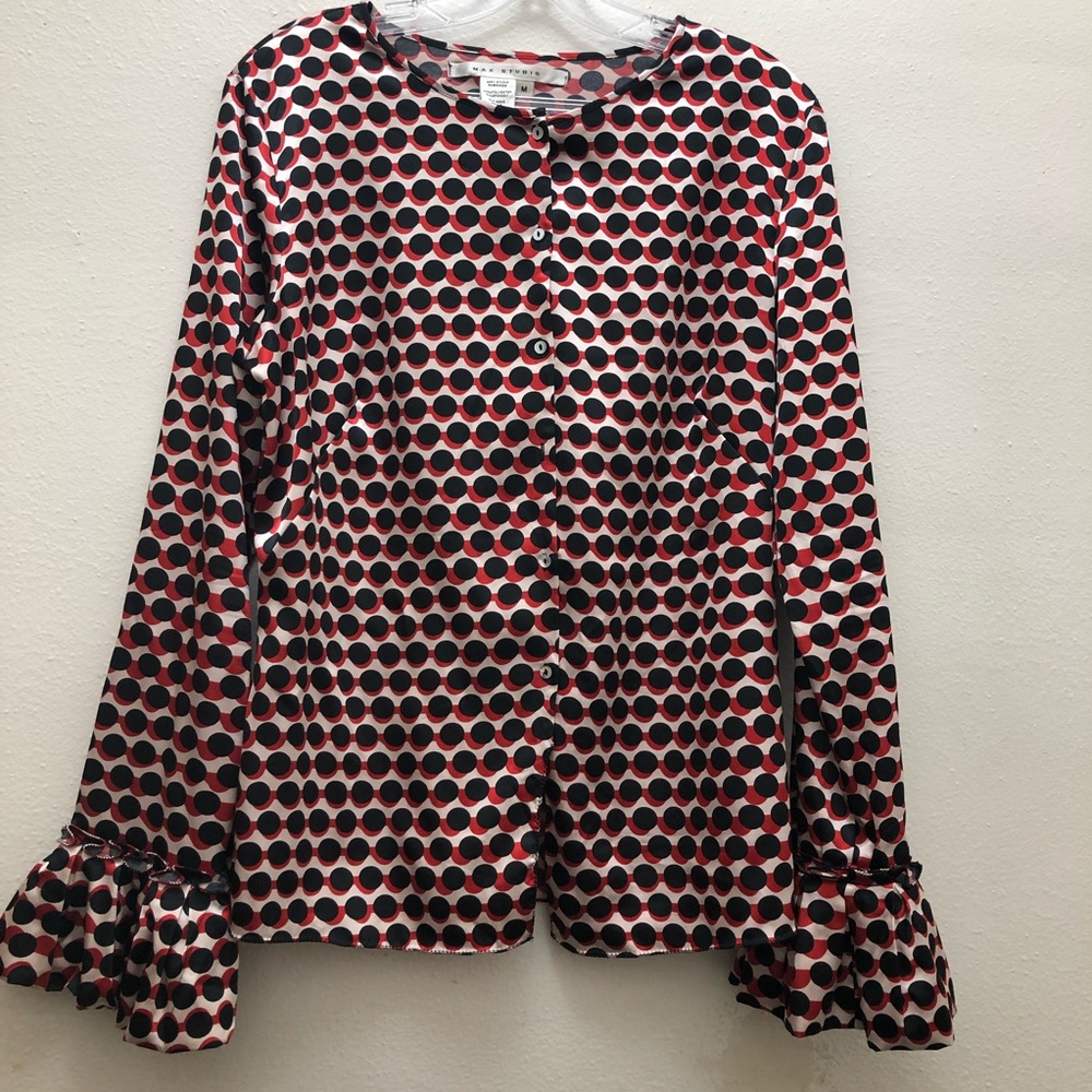 Max Studio Geometric Long Bell Sleeve Button Down Dress Shirt Women's Size M - Picture 2 of 9